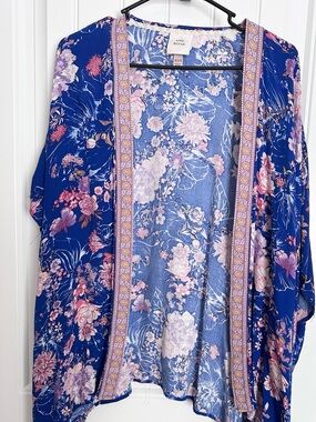 Knox Rose Blue Floral Open-Front Kimono Jacket